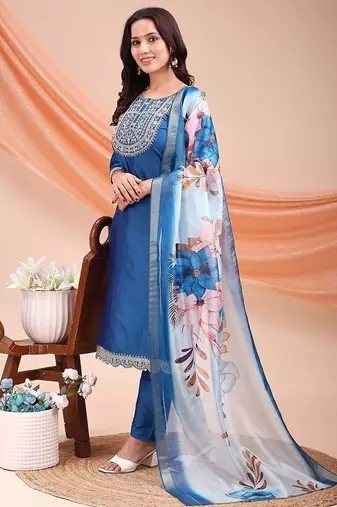 Blue color embroidered art silk festival wear kurti set 