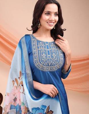 Blue color embroidered art silk festival wear kurti set  4