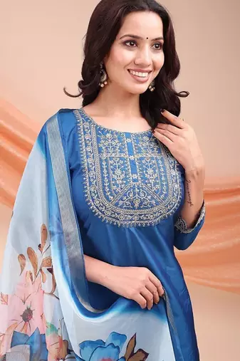 Blue color embroidered art silk festival wear kurti set 