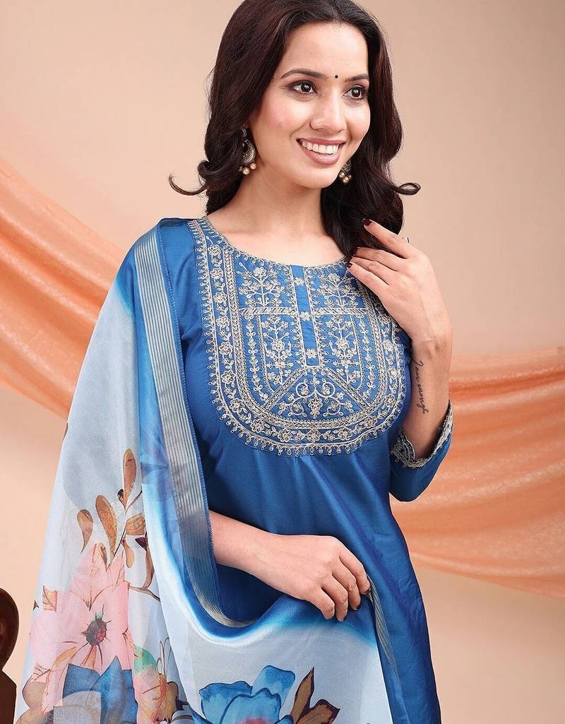 Blue color embroidered art silk festival wear kurti set 