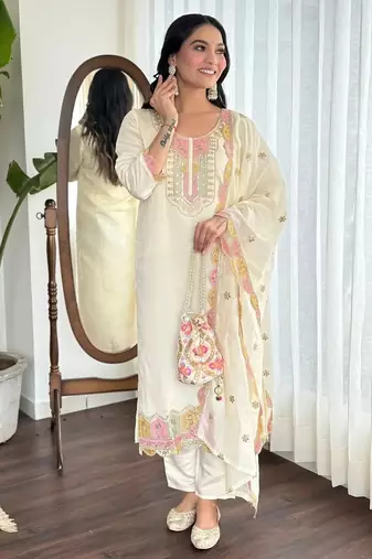 White color embroidered cotton slub fancy kurti set full stitched