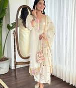 White color embroidered cotton slub fancy kurti set full stitched