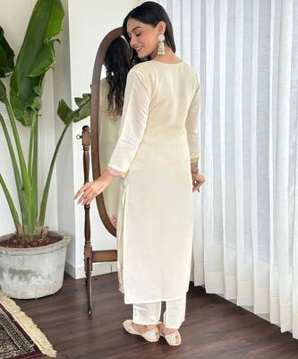 White color embroidered cotton slub fancy kurti set full stitched 2