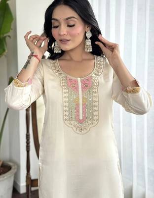 White color embroidered cotton slub fancy kurti set full stitched 3
