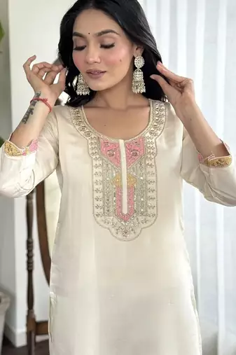 White color embroidered cotton slub fancy kurti set full stitched