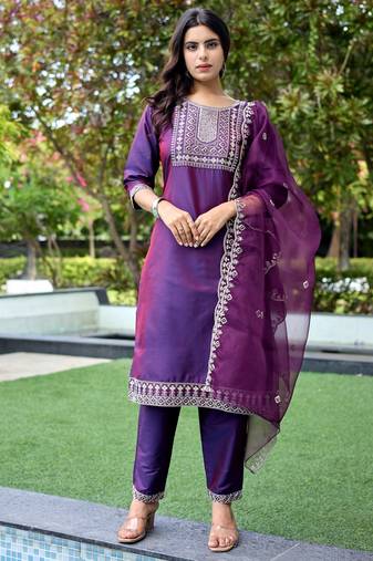 Wine color embroidered art silk party wear kurti set
