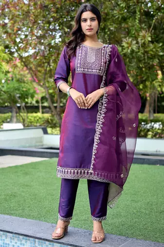 Wine color embroidered art silk party wear kurti set