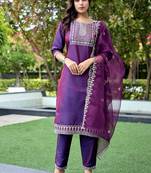 Wine color embroidered art silk party wear kurti set