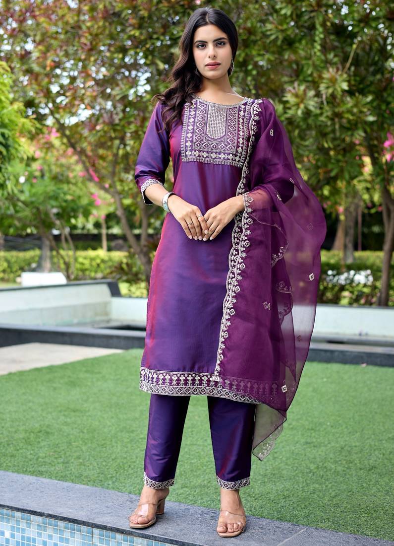 Wine color embroidered art silk party wear kurti set