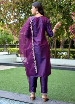 Wine color embroidered art silk party wear kurti set 2