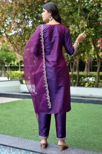 Wine color embroidered art silk party wear kurti set