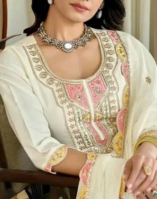 White color embroidered cotton slub fancy kurti set full stitched 5