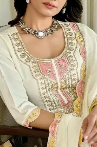 White color embroidered cotton slub fancy kurti set full stitched