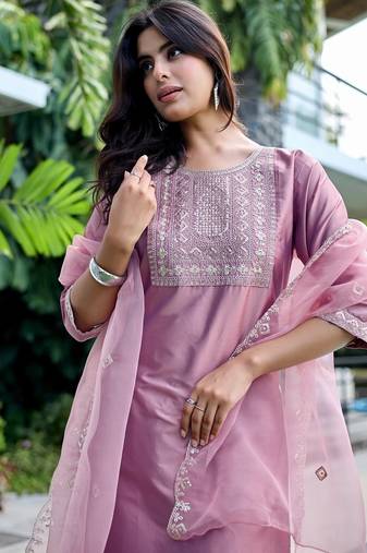 Peach color embroidered art silk party wear kurti set