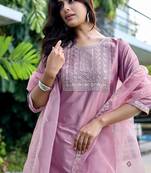 Peach color embroidered art silk party wear kurti set