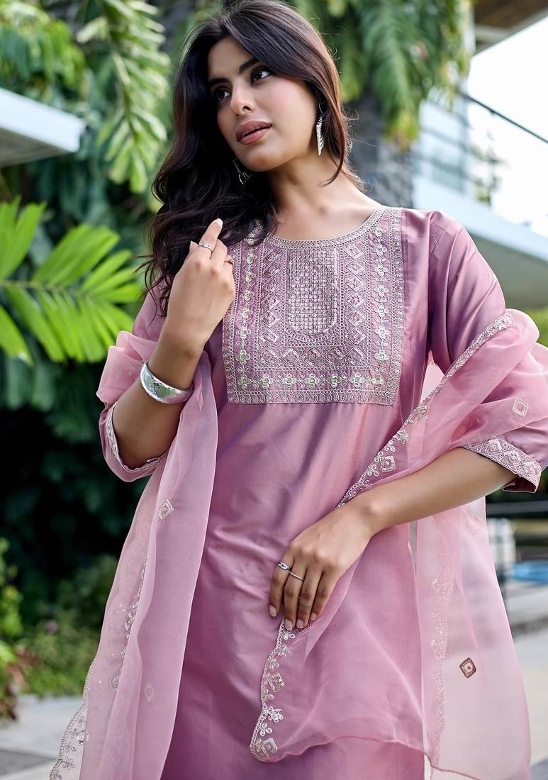 Peach color embroidered art silk party wear kurti set