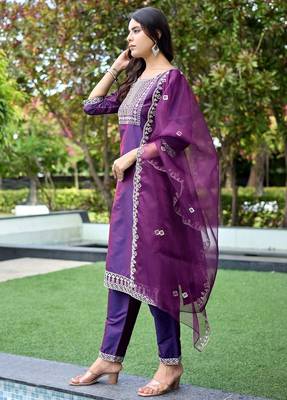 Wine color embroidered art silk party wear kurti set 3