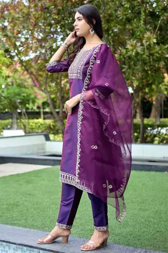 Wine color embroidered art silk party wear kurti set