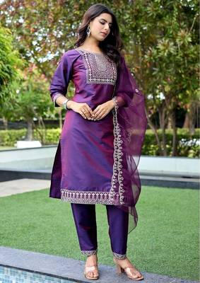 Wine color embroidered art silk party wear kurti set 4
