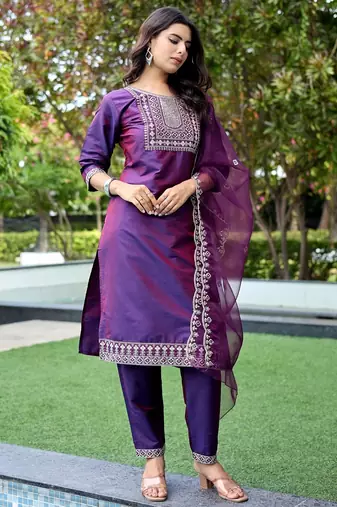 Wine color embroidered art silk party wear kurti set