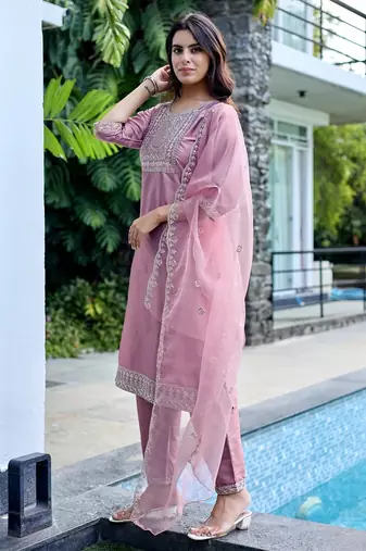 Peach color embroidered art silk party wear kurti set