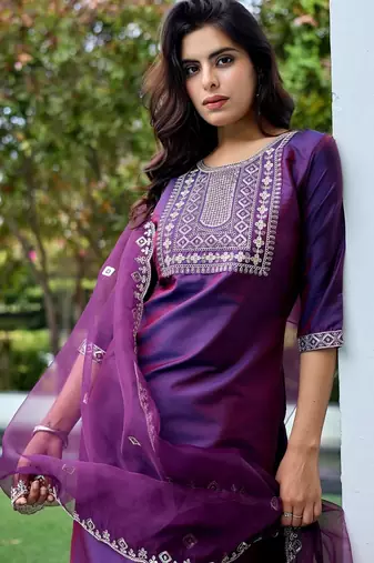 Wine color embroidered art silk party wear kurti set