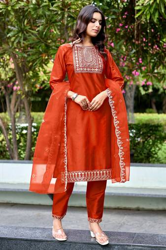 Orange color embroidered art silk party wear kurti set