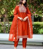 Orange color embroidered art silk party wear kurti set