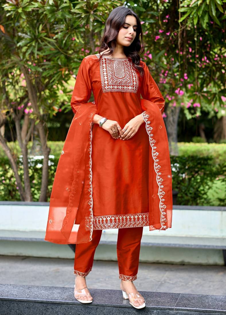 Orange color embroidered art silk party wear kurti set