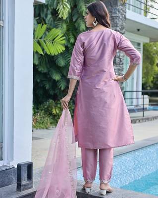 Peach color embroidered art silk party wear kurti set 3