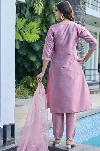 Peach color embroidered art silk party wear kurti set