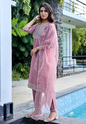 Peach color embroidered art silk party wear kurti set 4