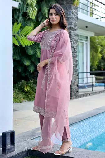 Peach color embroidered art silk party wear kurti set