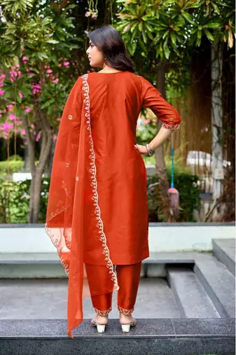 Orange color embroidered art silk party wear kurti set