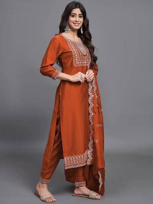 Orange color embroidered art silk party wear kurti set 3