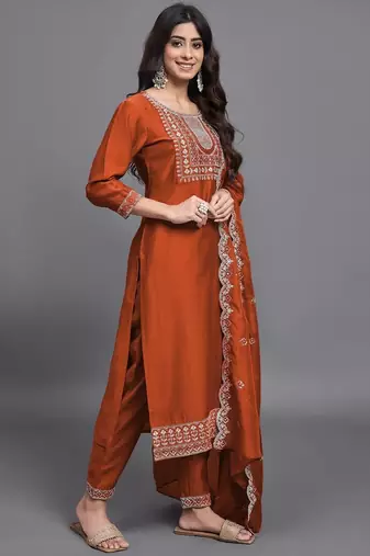 Orange color embroidered art silk party wear kurti set