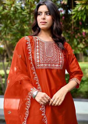 Orange color embroidered art silk party wear kurti set 4