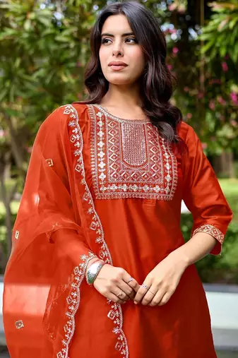 Orange color embroidered art silk party wear kurti set