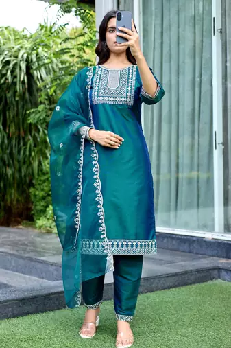 Green color embroidered art silk party wear kurti set