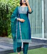 Green color embroidered art silk party wear kurti set