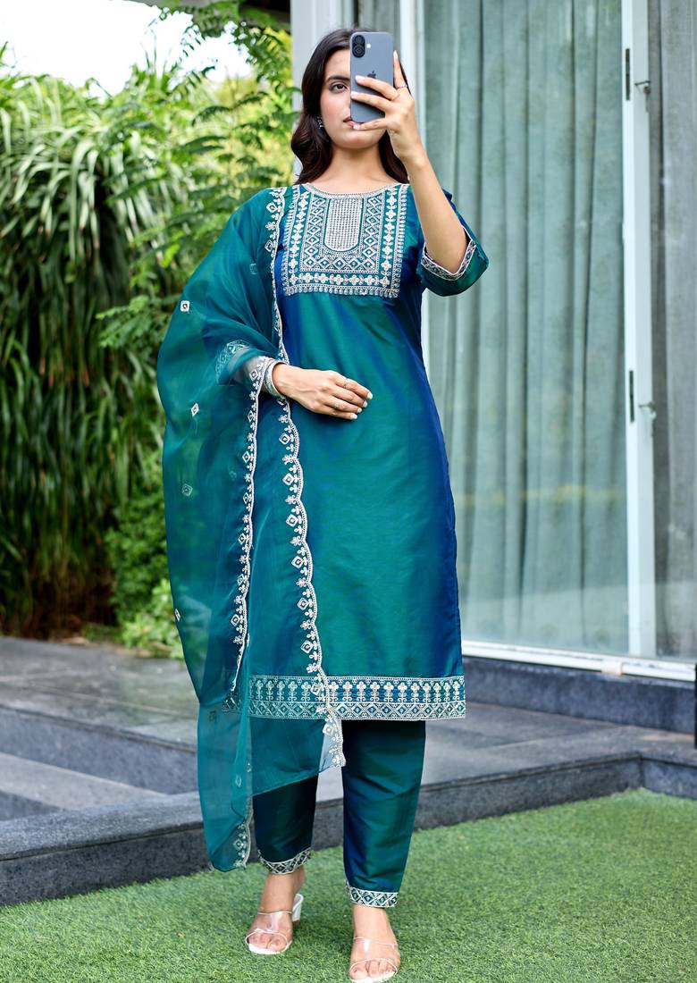 Green color embroidered art silk party wear kurti set
