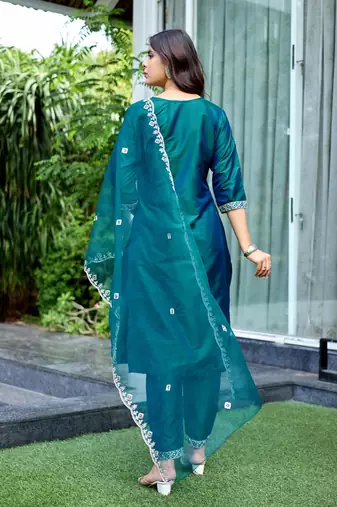 Green color embroidered art silk party wear kurti set