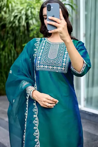 Green color embroidered art silk party wear kurti set