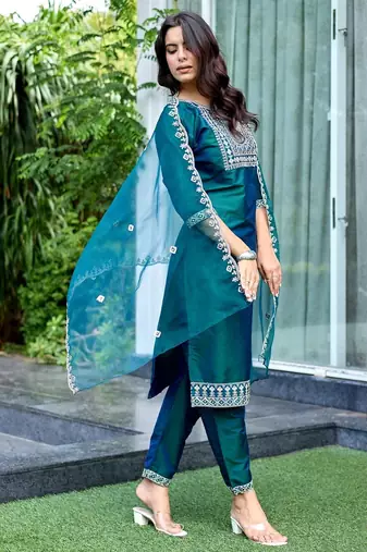 Green color embroidered art silk party wear kurti set