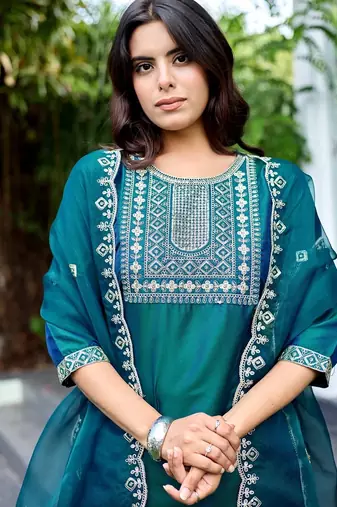 Green color embroidered art silk party wear kurti set
