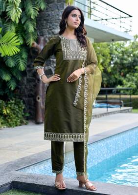 Mehendi color embroidered art silk party wear kurti set 1