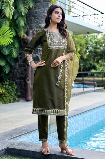 Mehendi color embroidered art silk party wear kurti set