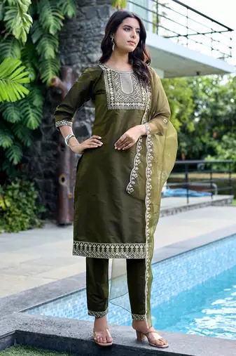 Mehendi color embroidered art silk party wear kurti set