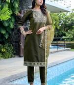 Mehendi color embroidered art silk party wear kurti set