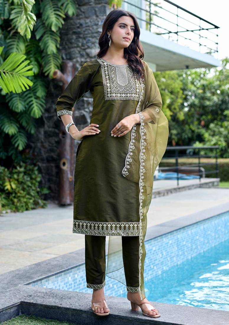 Mehendi color embroidered art silk party wear kurti set